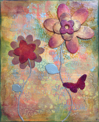 Butterflies and Flowers Mixed Media Collage Painting by Trilby Works