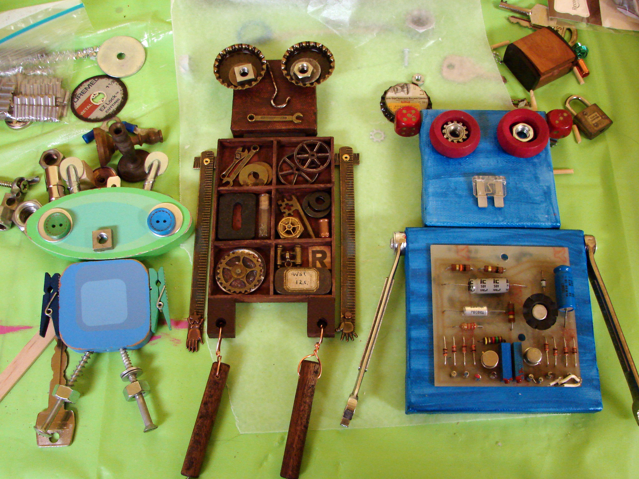 Found Object Robot Wall Hangings in Process