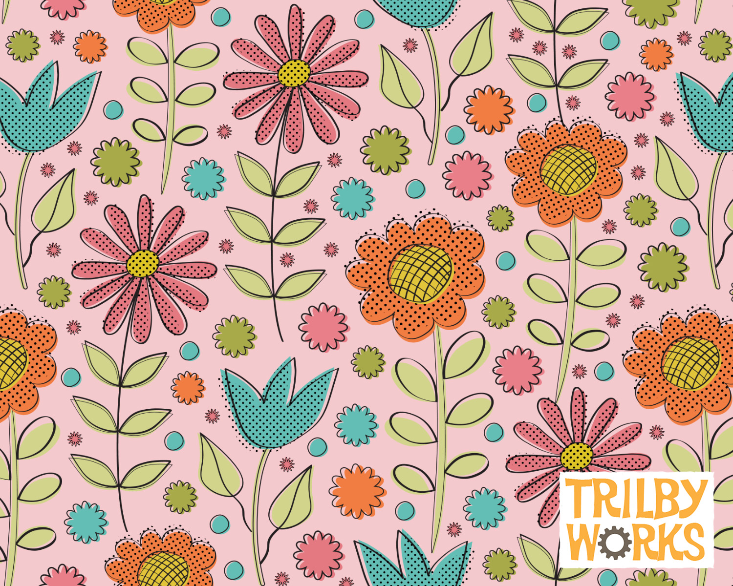 Retro Flowers Pink by Trilby Works