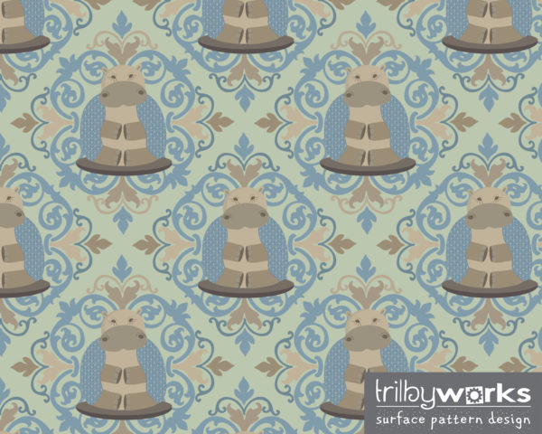 Zen Hippo Damask by Trilby Works