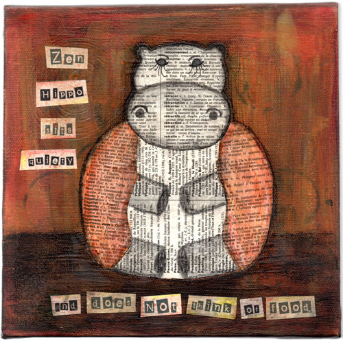 Zen Hippo Sits Quietly Collage Painting