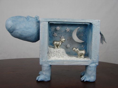 One-Of-A-Kind Hippo Sculpture Art Piece from Wooden Crate and PaperClay